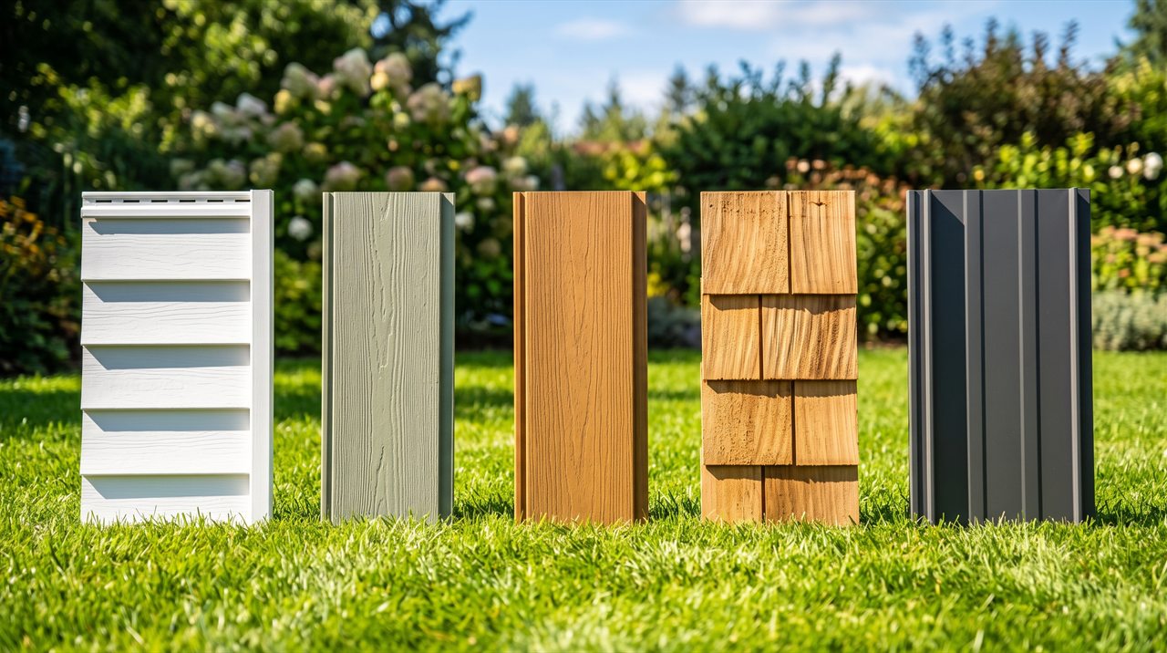 Five siding samples standing in a row on a sunlit green lawn: a white vinyl lap panel, a sage green fiber cement plank, a caramel engineered wood plank, a golden cedar shake, and a charcoal standing seam metal panel