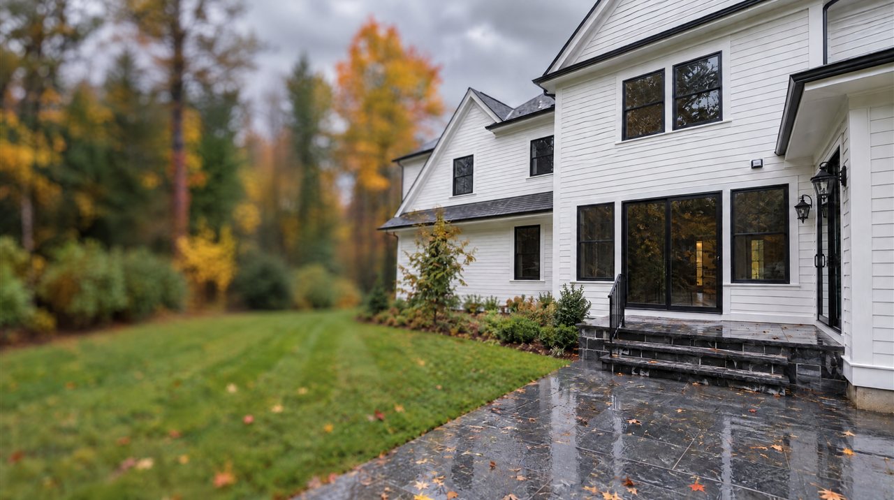A two story home in crisp white lap siding with black framed windows on a gray, rainy autumn day, the wet slate patio and steps scattered with fallen leaves beside a striped green lawn, evergreens and yellow maples behind under heavy clouds