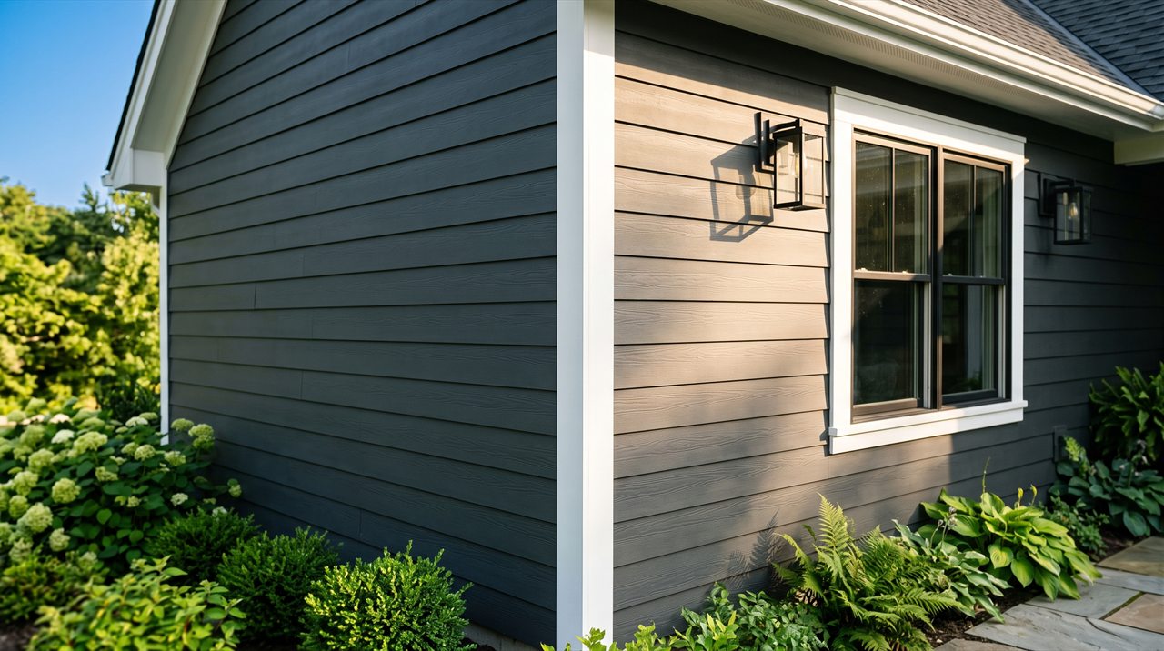 A finished outside corner on a home clad in deep charcoal lap siding, crisp white corner and window trim meeting in tight joints, every course dead level in warm sun above lush green landscaping