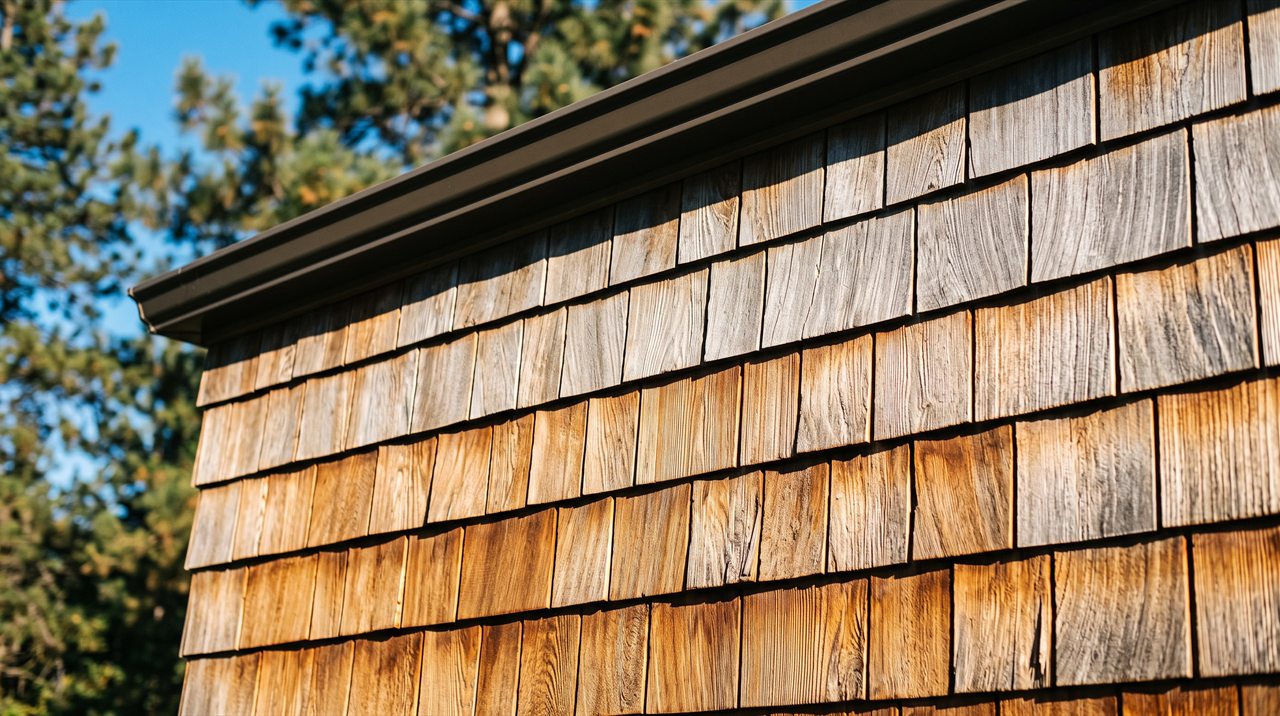 Cedar shingle siding in warm sun, every split face and grain line lit, the shingles a rich honey brown that fades toward soft silver grey near the roofline where years of weather have reached them