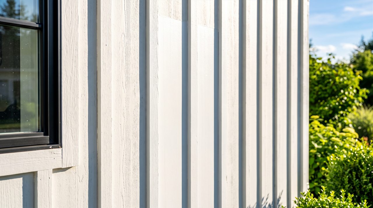 White vertical panel siding in bright sun, evenly spaced seams casting crisp vertical shadows, a section of replaced boards blending into the wall with only a faint difference in sheen beside a black framed window