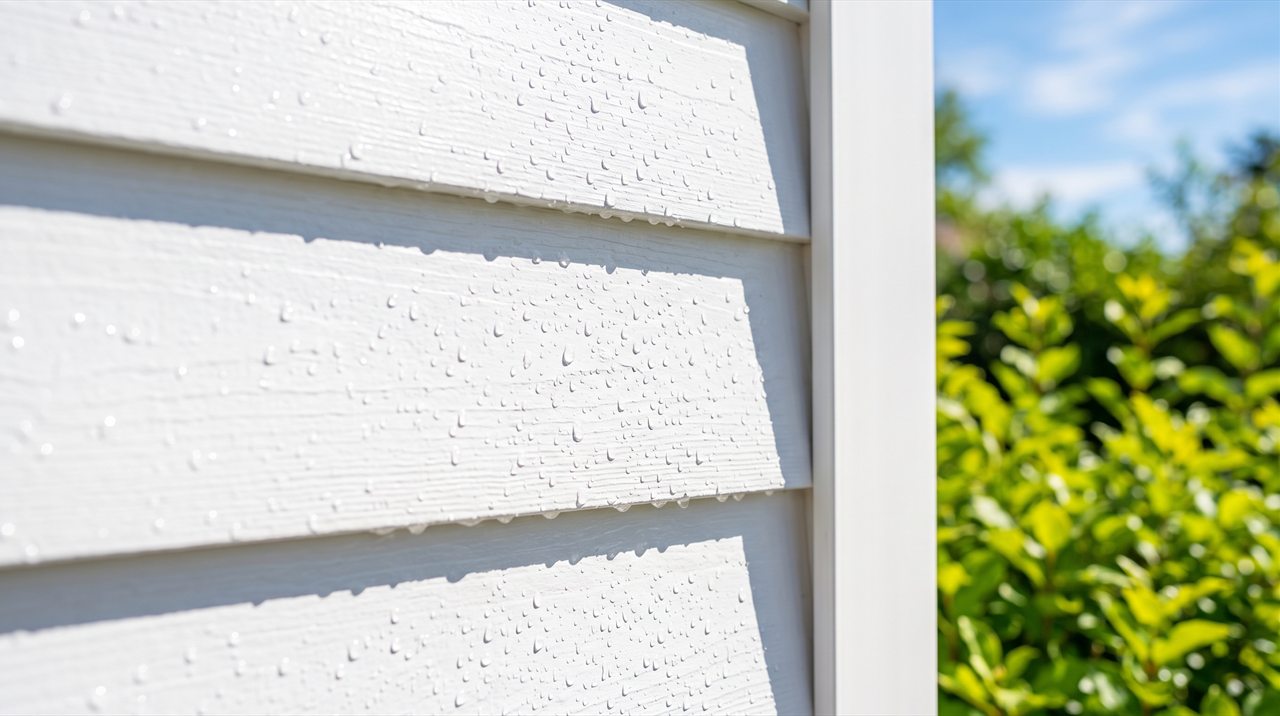 Freshly washed bright white lap siding gleaming in the sun, clean water droplets beaded across the surface, crisp plank shadow lines and a spotless white corner trim board against blue sky and green shrubs