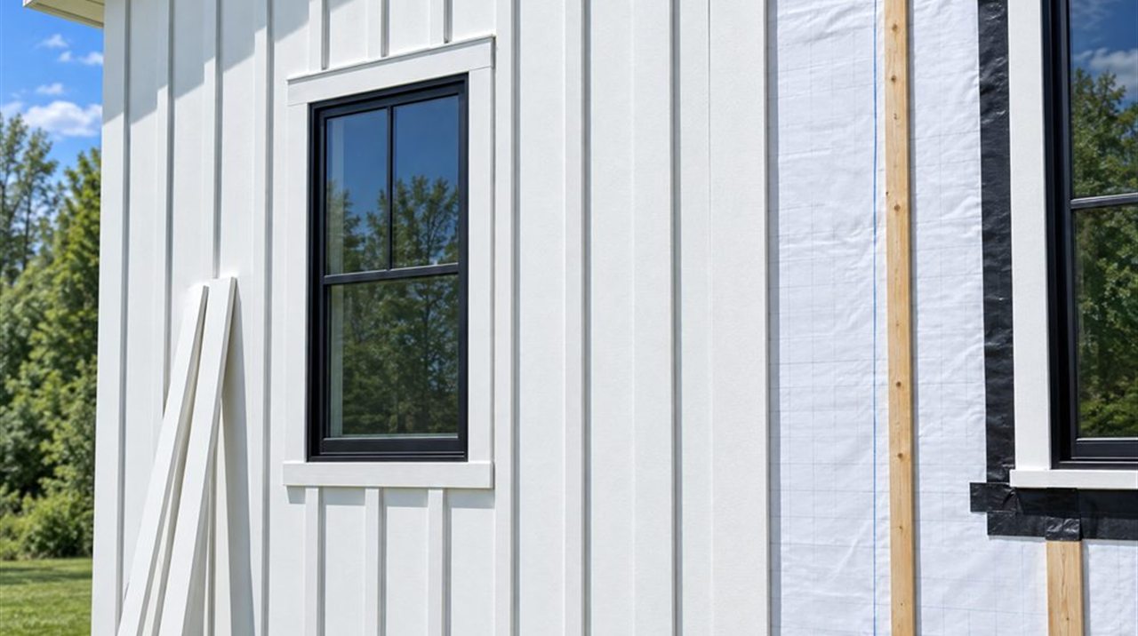 White vertical panel siding going up on a wall, finished panels and a trimmed window on the left, the exposed white weather resistive barrier with furring strips and a taped window opening on the right