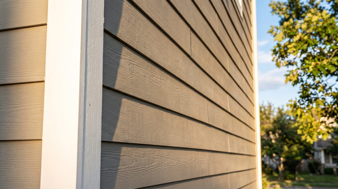 Warm greige fiber cement lap siding in low afternoon sun, the courses running away from the camera with crisp shadow lines and fine wood grain, a white corner trim board catching the light against blue sky