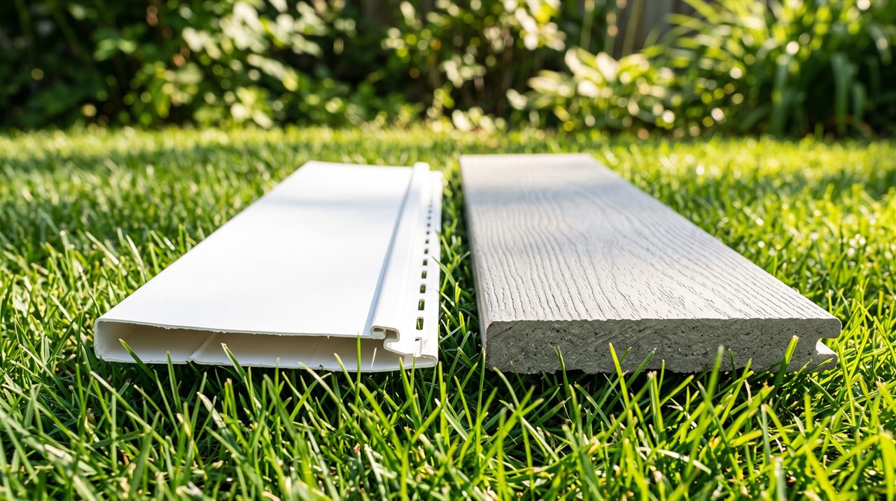 A white vinyl lap panel and a grey fiber cement plank lying side by side on sunlit grass with their cut ends toward the camera, the thin hollow backed vinyl profile next to the thick dense fiber cement edge