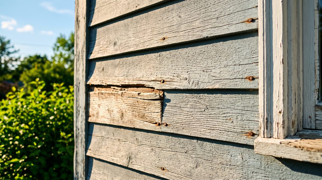 Sunlight raking across aging wood lap siding on an older home, the paint sun faded and chalky with weathering checks in the grain, one board split and a few nail heads standing proud, green foliage behind