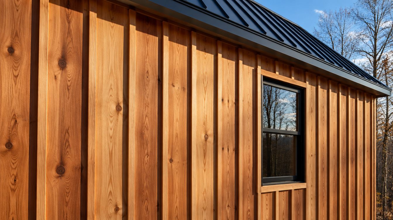 Cabin wall in natural western red cedar board and batten siding, knotty honey toned boards with raised battens casting crisp shadows in low sun, a black framed window, and a charcoal standing seam metal roof against blue sky and bare trees