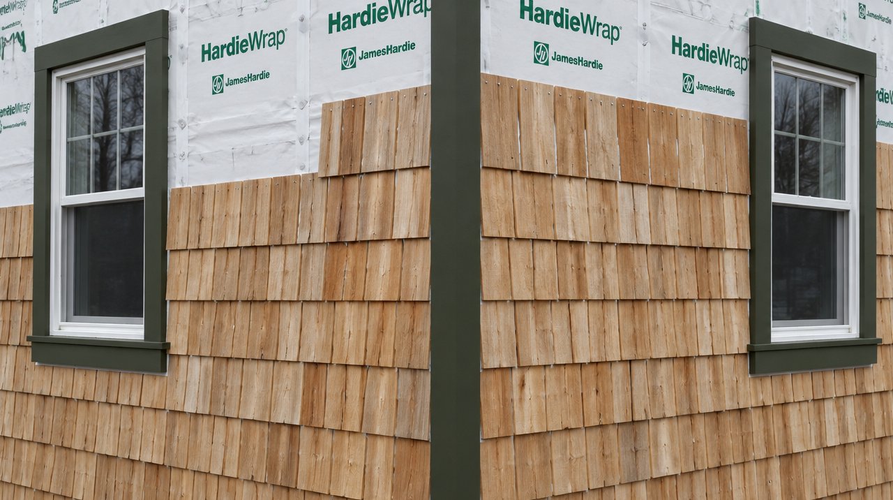 House corner midway through a cedar shake siding replacement, hand-split shakes of varied widths butting into a dark olive corner board, the top course still uncovered so the full length of each shake and the gaps between them show, white HardieWrap weather barrier exposed above