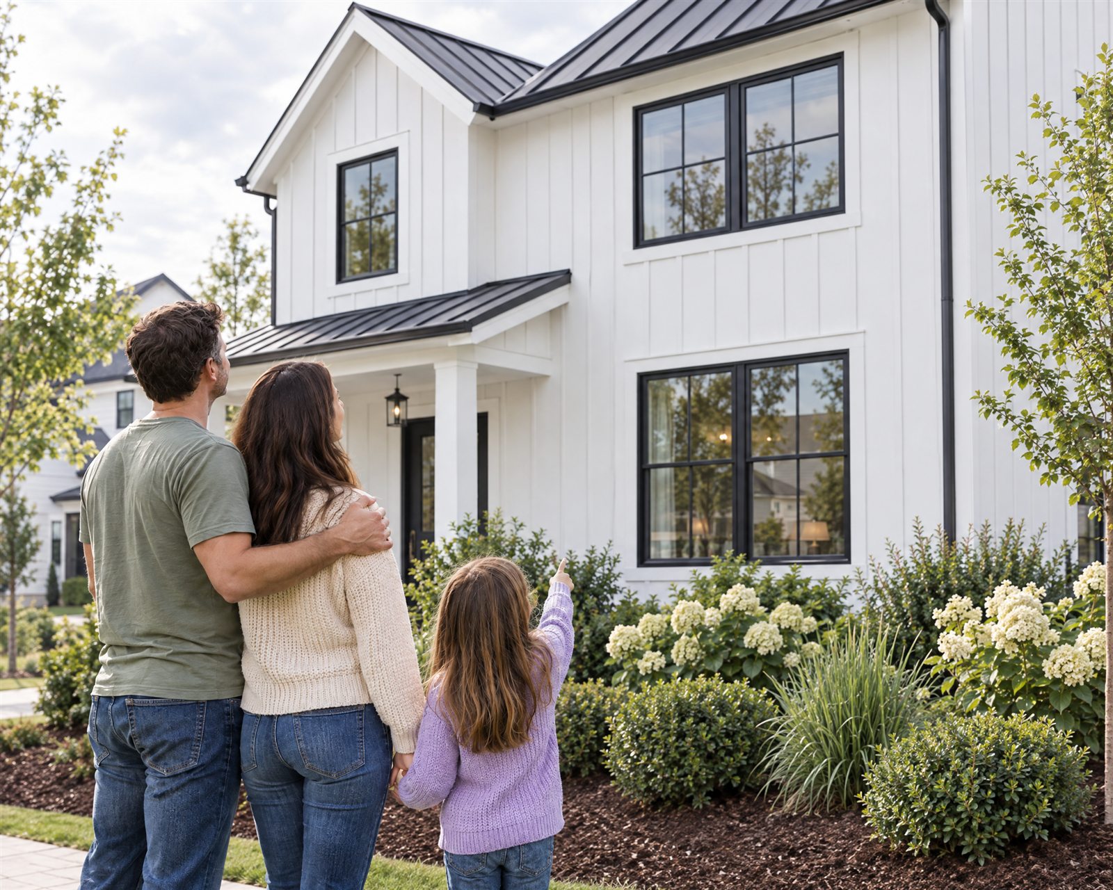 Seen from behind, a couple stands arm in arm with their young daughter, who points up at their modern farmhouse in crisp white board and batten siding with a black standing seam metal roof and black framed windows, a deep mulch bed of hydrangeas and boxwoods out front