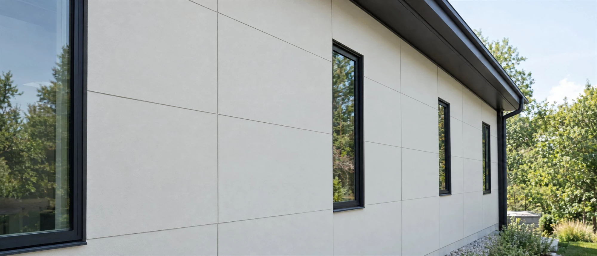 Long wall of smooth light gray architectural panel siding laid out in a clean grid of large rectangles with thin reveals at every joint, black framed windows set into the grid, and a dark fascia and gutter along the roofline