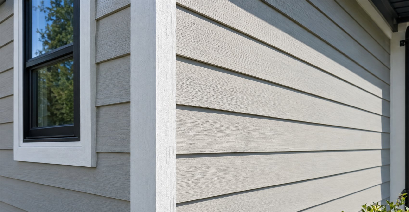 Light greige lap siding with a wood grain texture running along a sunlit wall, meeting a wide white corner board beside a black framed window in white trim