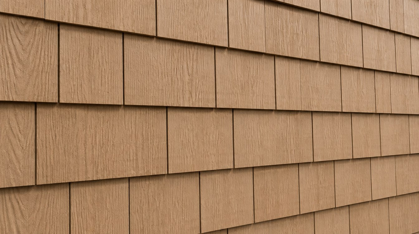 Close view of warm tan fiber cement shake siding, straight edge shakes of varied widths in level overlapping courses with crisp vertical joints and a pressed cedar grain texture