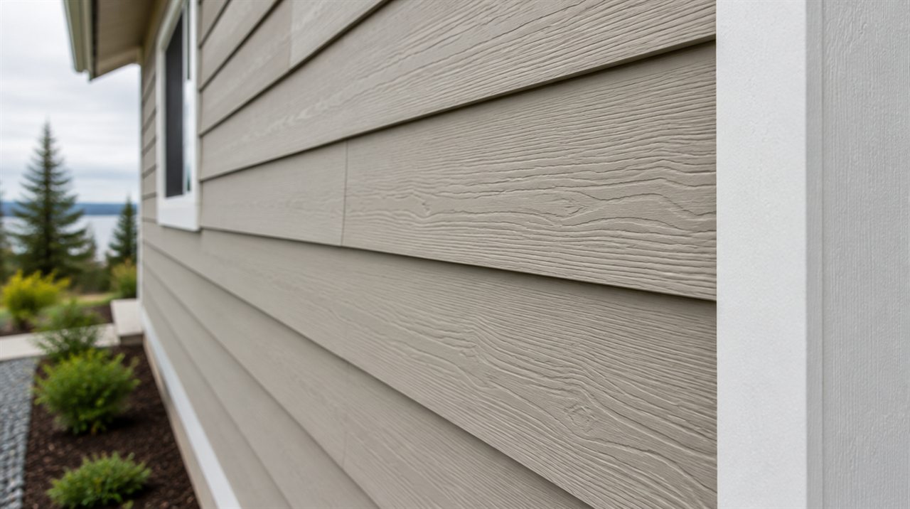 Close-up of fiber cement lap siding with crisp plank shadow lines and white corner trim on a Pacific Northwest home