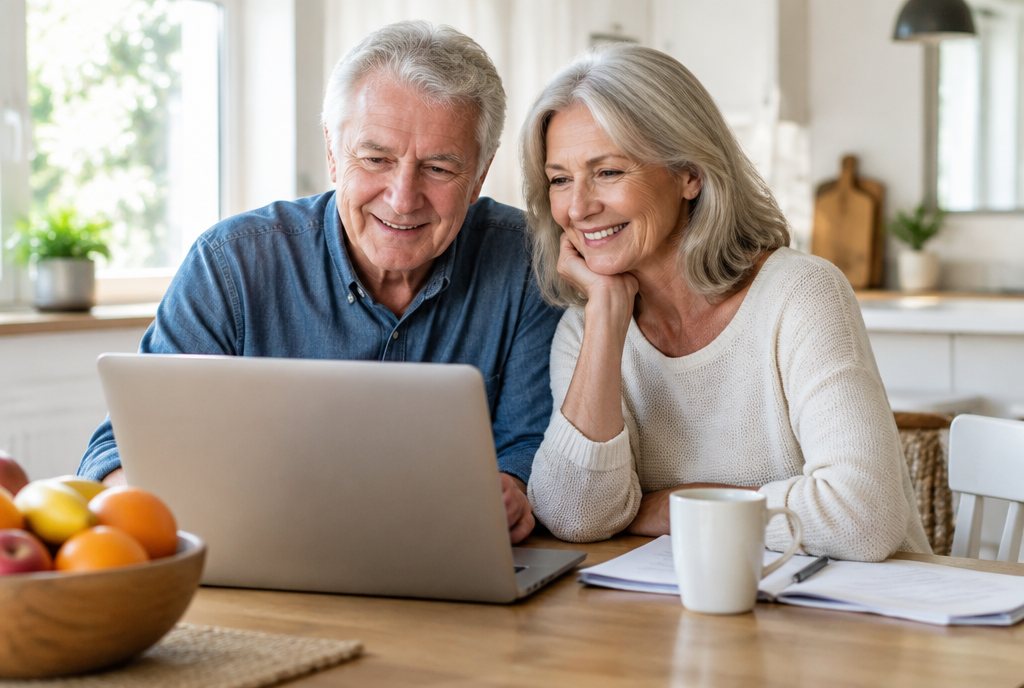 Smiling older couple reviewing their home financing options together on a laptop
