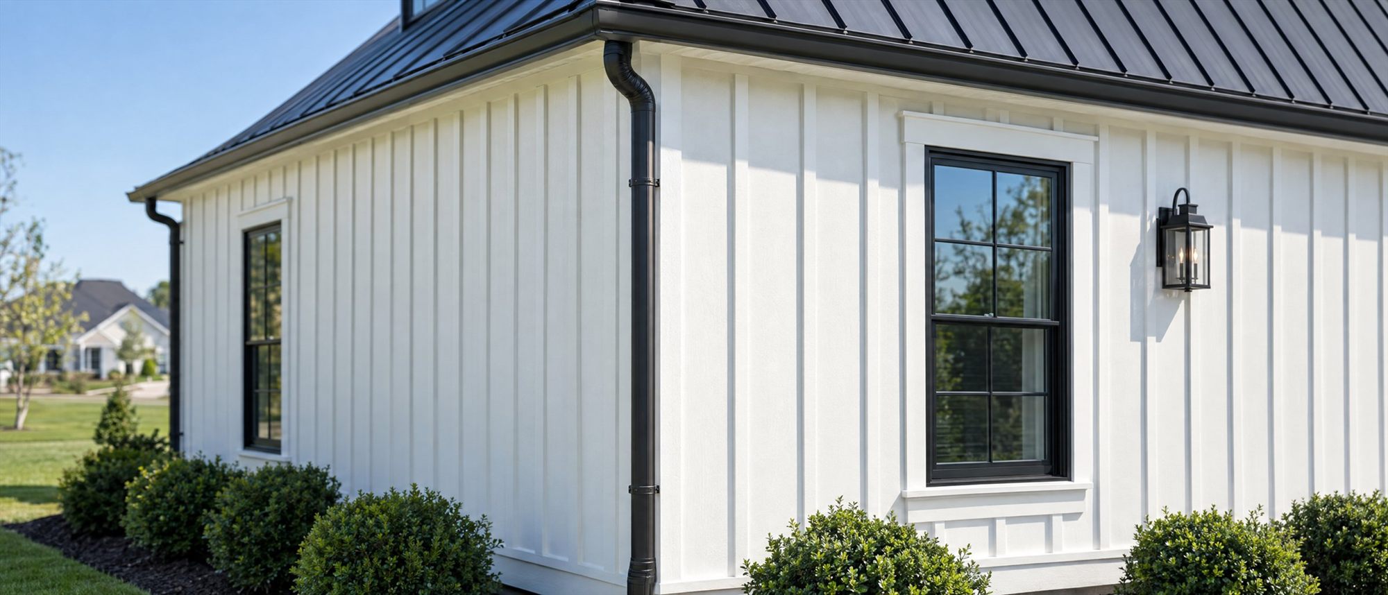 White board and batten siding on a farmhouse style home in bright sun, narrow battens over every seam, black framed windows in wide white trim, a black lantern on the wall, and black gutters and downspouts under a standing seam metal roof, with trimmed shrubs along the foundation