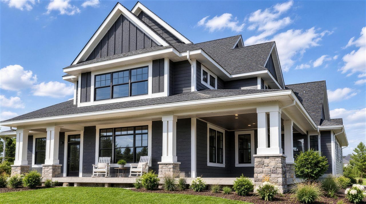 Craftsman style home clad in charcoal lap siding with board and batten gables, bright white trim, black framed windows, and a covered porch on stone based columns under a blue sky