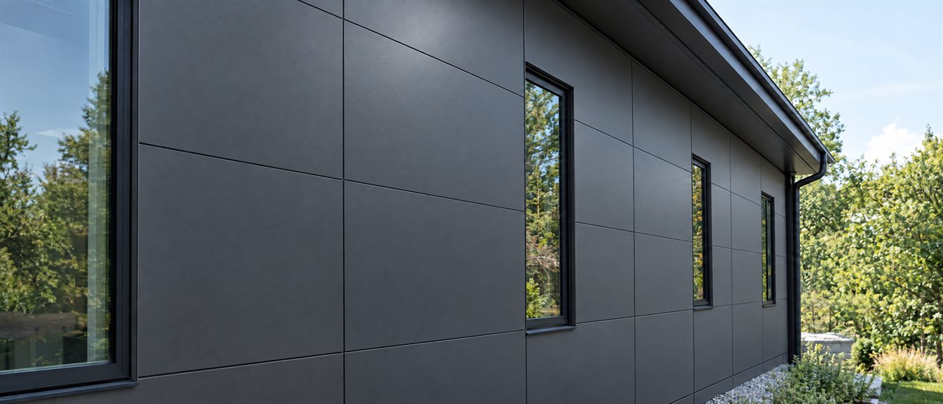 Long wall of dark charcoal architectural metal panels laid out in a clean grid of large rectangles with thin reveals at every joint, black framed windows set into the grid, and a dark fascia and gutter along the roofline
