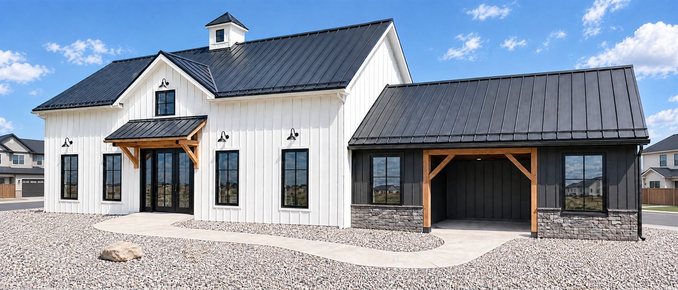Modern farmhouse clad in board and batten metal siding, white vertical panels with raised battens on the main gable and a charcoal wing beside it, under a black standing seam roof with a timber entry awning