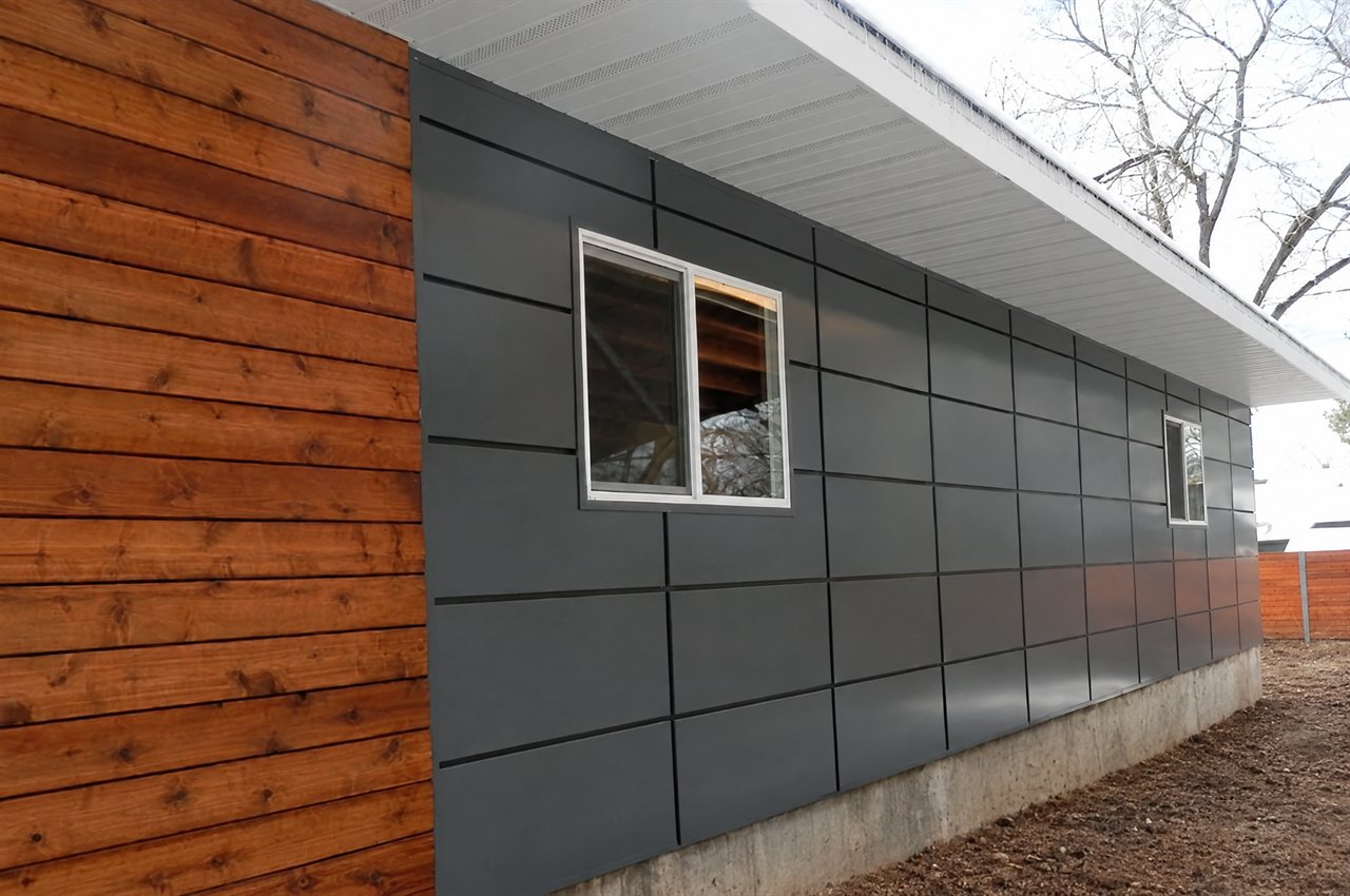 Side wall of a house clad in dark gray architectural metal panels with black reveal joints in a staggered grid, white framed windows, a white soffit overhead, and horizontal cedar boards on the corner beside it