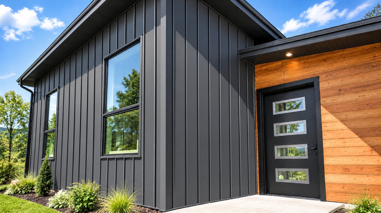 Close view of a modern house clad in charcoal gray standing seam metal panels with black framed windows, a dark soffit overhang, and a warm wood accent wall beside a black entry door