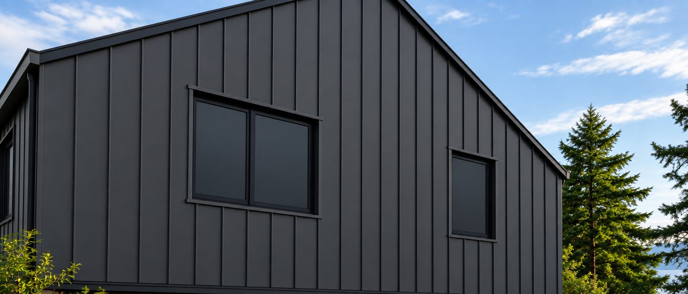 Gable of a modern house clad in charcoal standing seam metal panels, raised seams running from the base trim to a sharp black rake edge, with two black framed windows and evergreens beside it