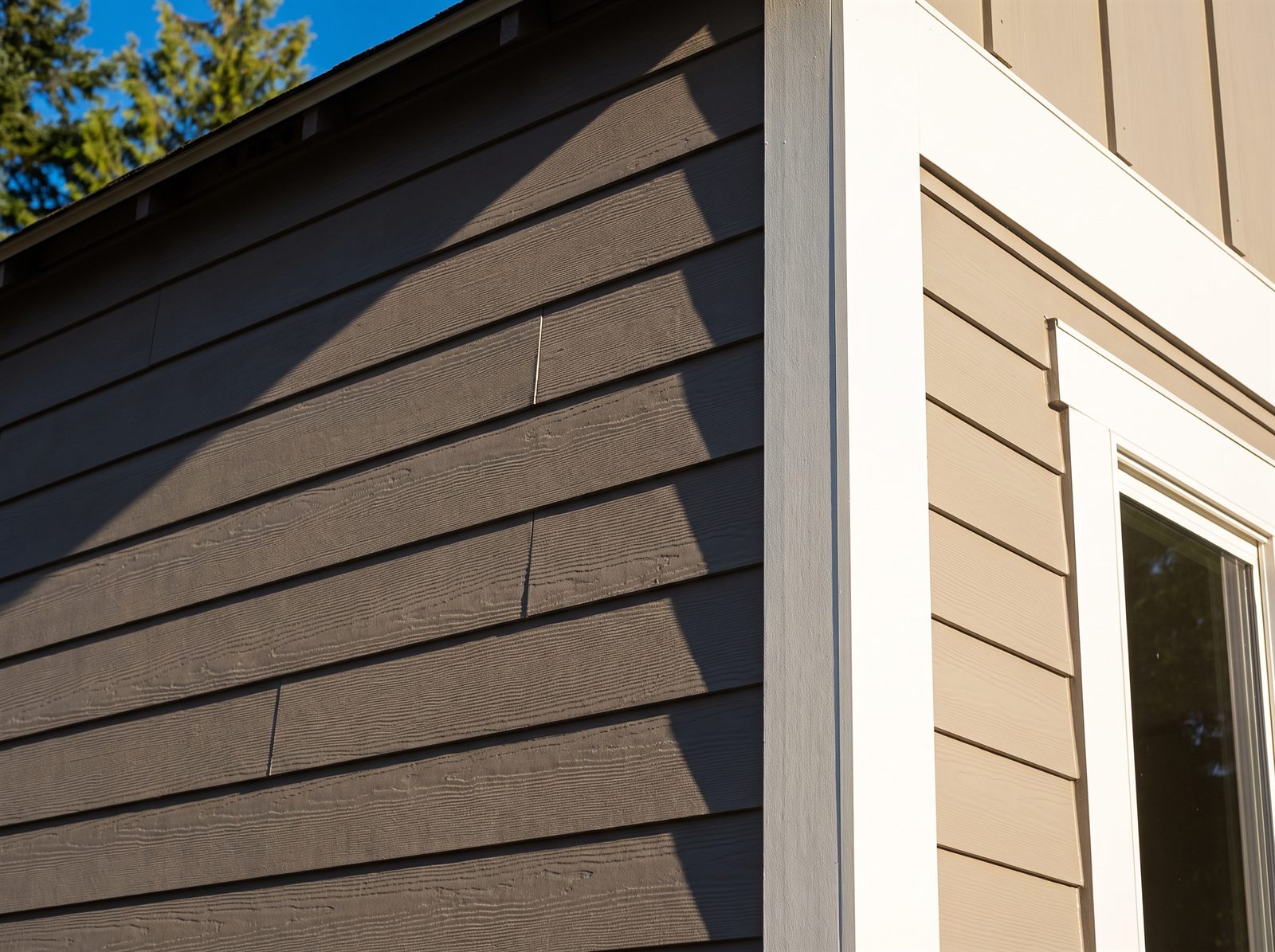 Close-up of a finished fiber cement re-side in full sun, warm gray prefinished lap boards running into a crisp white wrapped corner board, sharp shadow lines under every course