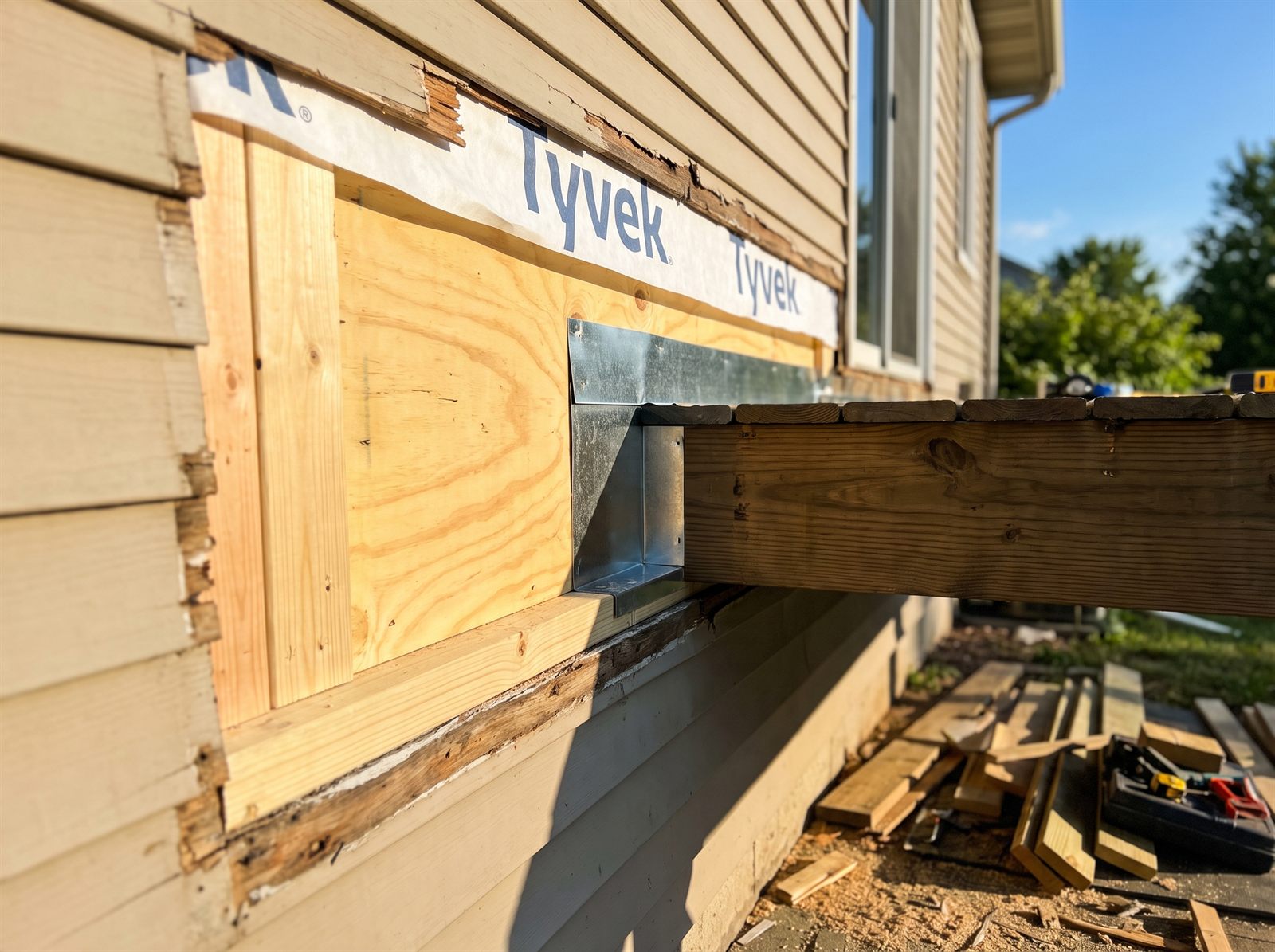 Wall opened during a rot repair on a sunny day, showing clean new plywood sheathing, white weather barrier and fresh metal flashing set where the deck ledger meets the house