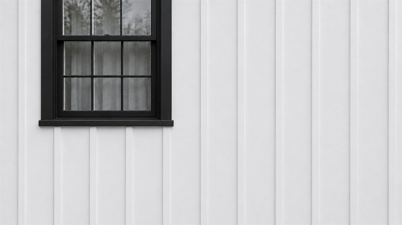 A finished full siding replacement in crisp white vertical panels with evenly spaced seams and matte black window trim