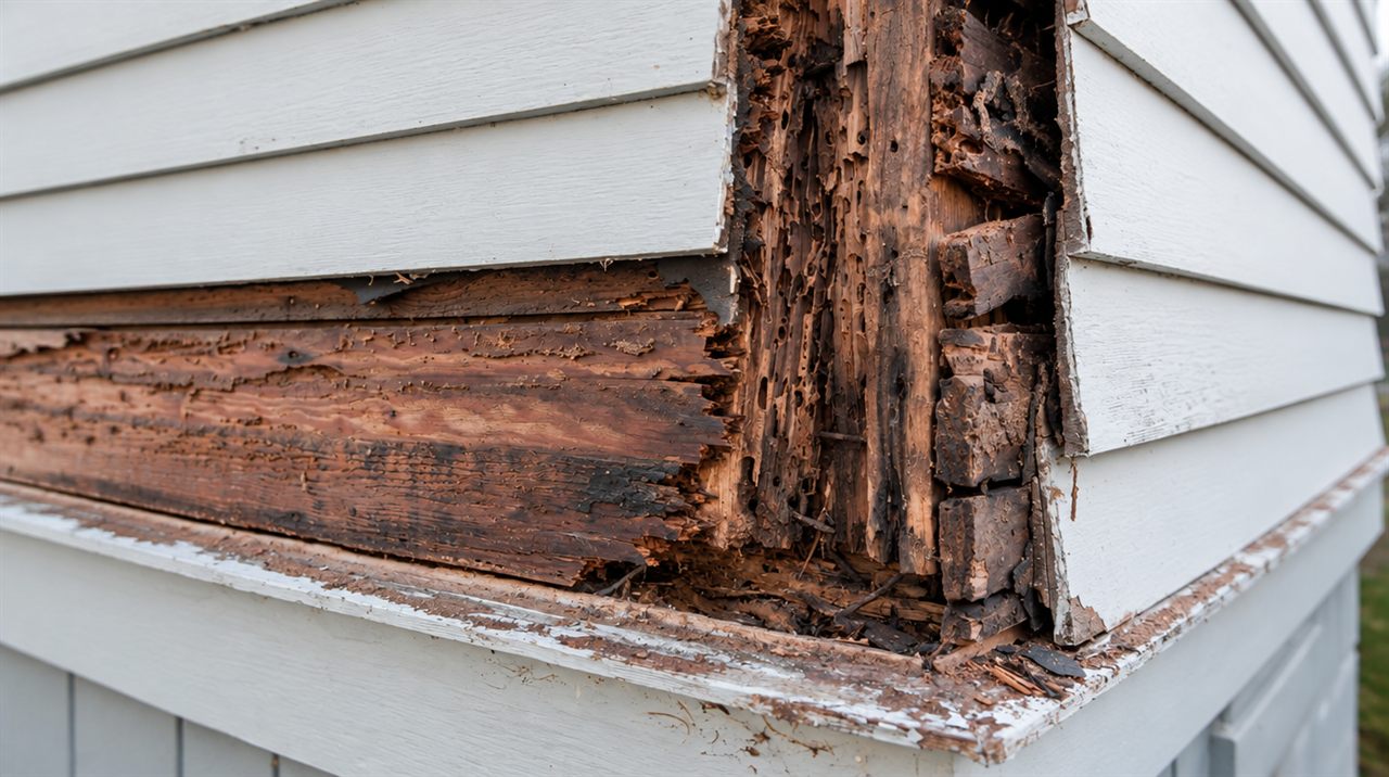 Outside corner of a house opened up during siding repair, exposing dark crumbling rot and insect tunneling in the framing behind intact white lap siding