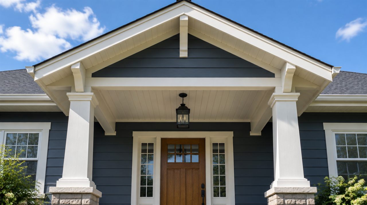 Craftsman porch gable seen from below, cream painted soffit, fascia and bracket trim outlining the peak against deep blue-grey lap siding, with a hanging lantern over a stained wood front door