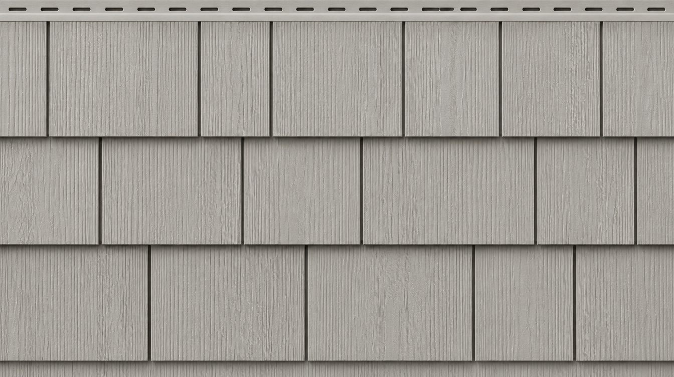 Light gray vinyl shake siding panel, straight edge shakes of varied widths in three staggered courses with narrow vertical gaps and a pressed cedar grain texture, below a nailing strip with slotted holes