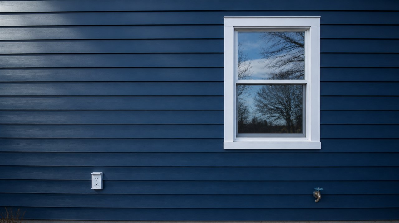 Straight-on view of a navy blue vinyl lap sided wall in afternoon light, with a white trimmed window reflecting sky and bare branches